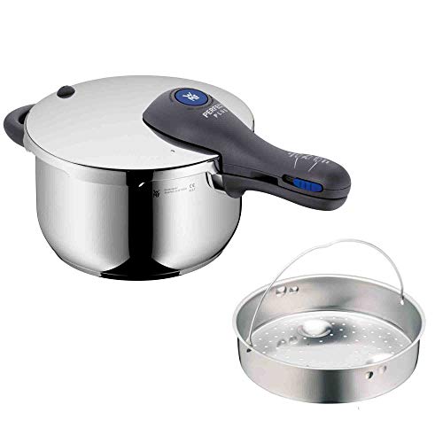 WMF Perfect Plus snelkookpan, inductie, 4,5 l, stoompan met inzetstuk, Cromargan gepolijst roestvrij staal, 2 kookstanden, eenhands-kookstandregelaar