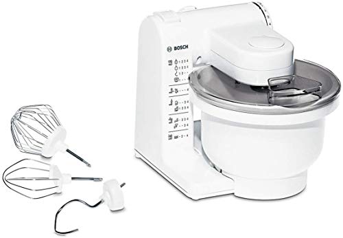Bosch MUM4 MUM4405 Keukenmachine, kunststof kom 3,9 l, planeetmenger, kneedhaak, slag-, roerbezem van roestvrij staal, 4 standen, met optionele accessoires uitbreidbaar, 500 W, wit