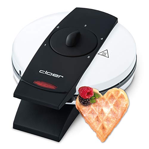 Cloer 1621 Wafelmachine voor Klassieke Hartjeswafels, 930 W, Wafelgrootte 15,5 cm, Traploos Instelbare Bruiningsgraad, Wit, metaal