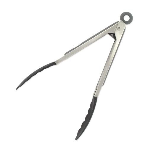 Fackelmann BBQ-tang 27 cm lang, hoogwaardige serveertang van roestvrij staal, keuken- en barbecuetang voor potten en pannen met coating (Kleur: zilver/grijs), Aantal: 1