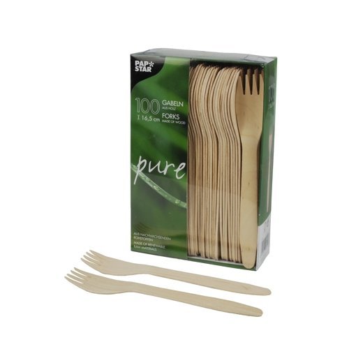 Papstar Houten vorken/wegwerpvorken"pure" (100 stuks) lengte 16,5 cm van natuurlijk licht berkenhout voor barbecuefeesten of verjaardagen, stabiel wegwerpservies, splintervrij gebruik, 18199