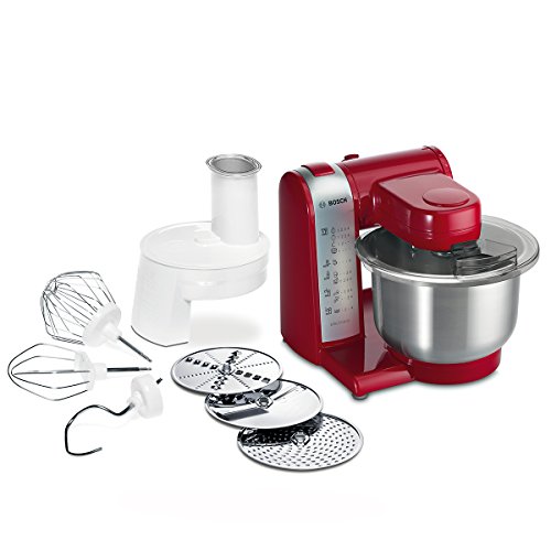 Bosch MUM4 MUM48R1 Keukenmachine, roestvrijstalen kom 3,9 l, planeetmenger, kneedhaak, slag-, roerbezem roestvrij staal, 4 standen, doorloopsnijder, 3 schijven, 600 W, rood/zilver