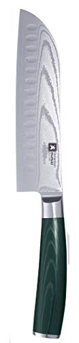 Richardson Sheffield MIDORI Santoku-damastmes 7", extreem scherp & snijvast, keukenmes met gegroefde snede, Japans mes, AUS-10 Damascus staal, Micarta, zilver/groen