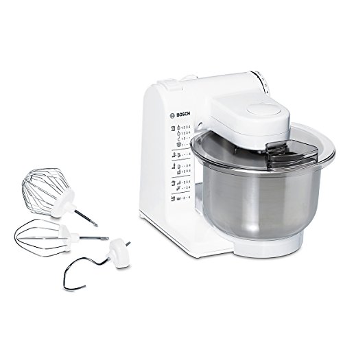 Bosch MUM4 MUM4407 Keukenmachine, roestvrijstalen kom 3,9 liter, planeetmengwerk, kneedhaak, slag-, roerbezem roestvrij staal, 4 standen, met optionele accessoires uitbreidbaar, 500 W, wit