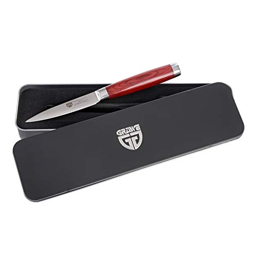 GRÄWE Damascus groentemes, 10 cm lemmet, scherp, met houten handvat, damast keukenmes in geschenkdoos