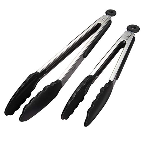 iNeibo Kitchen barbecuetang van roestvrij staal en voedselkwaliteit siliconen- (set van 2, 23 cm & 30,5 cm) zwart
