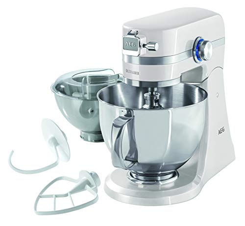 AEG KM 4100 keukenmachine (incl. accessoires, 1,4 PS, 10 snelheidsniveaus, LED-licht, planetaire mixer, volledig metalen behuizing, 4,8 l en 2,9 l roestvrijstalen mengkom met spatbescherming, Wit