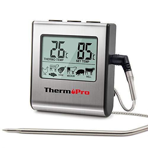 ThermoPro TP16 Digitale Koken Voedsel vlees Thermometer voor Smoker Oven Keuken Snoep BBQ Barbecue Thermometer Klok Timer met roestvrij stalen temperatuur sonde, grote LCD-display, zilver