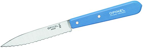 Opinel keukenmes voor volwassenen, nr. 113, roestvrij Sandvik-staal, zaagtanden, lichtblauw beukenhouten handvat koksmes, meerkleurig, één maat