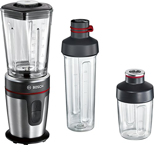 Bosch MMBM7G3M Blender, met ThermoSafe Glazen Container, 2Go Mix Drinkbeker, 350 W, Zwart en Geborsteld Roestvrij Staal