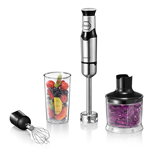 Aigostar Voorring Set Silver 30I00-4 in 1 staafmixer roestvrij staal pureerstaaf 600 Watt met keukenmachine opzetstuk garde, geschikt voor de bereiding van babyvoeding, wegwerpverpakking