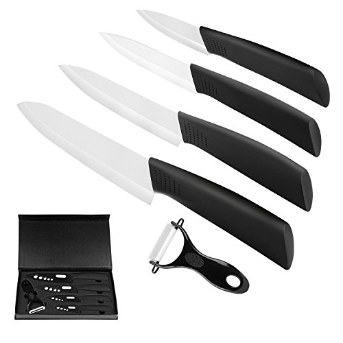 Ballery Keramische messenset, professionele keukenmessen van keramisch 4-delig mes (6 inch chefmes, 14 cm multifunctioneel mes, 4 inch fruitmes, 3 inch fruitmes) en 1 dunschiller – wit
