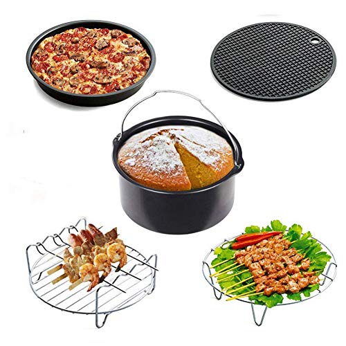 5 stuks universele heteluchtfriteuse Airfryer accessoires voor Philips Princess Tristar en andere merk-pads 3L en boven- bakvorm, pizzapan, grillrooster met 3 spiesen, metalen houder, siliconenmat