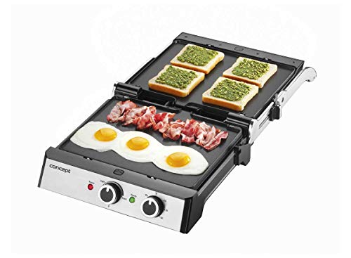 CONCEPT Huishoudelijke apparaten GE2005 Elektrische roestvrijstalen contactgrill voor BBQ, teflon antiaanbakoppervlak 3-in-1 zilver