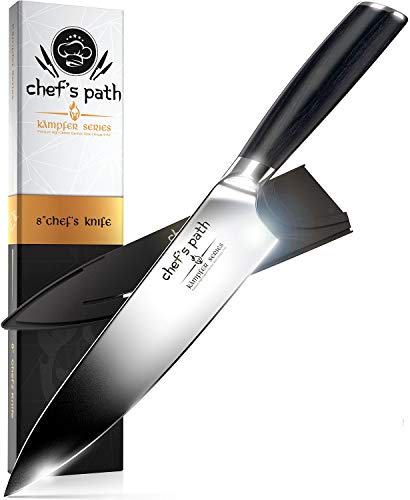Keukenmes, Koksmes 20 cm - Professioneel Koksmes - Duits Roestvast Staal met Hoog Koolstofgehalte - Beste Waarde met Schede & Prachtige Geschenkverpakking – Enorm Scherp Koksmes – Chef’s Path