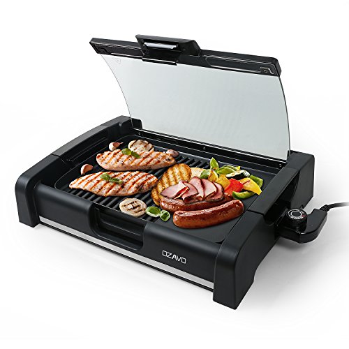 OZAVO BBQ tafelgrill met glazen deksel, elektrische grill, barbecue, elektrische grillfles, grillpaltte 1650 watt, verstelbare thermostaat