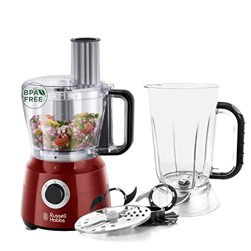 Russell Hobbs Desire Keukenmachine Rood, 2 Snelheden en Pulseerfunctie, Incl. Blenderkan, RVS Messen, Omkeerbare Snij-/Raspschijf, Deeghaak en Emulgeerschijf, 24730-56