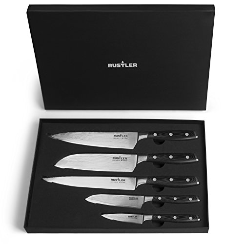 Rustler Premium Sabatier damast koksmes - [5-delige messenset] - keukenmes VG-10 stalen kern - veelzijdig bruikbaar als vleesmes, groentemes, koksmes met opbergdoos