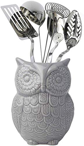 Comfify Uil Gereedschapshouder Decoratief Keramisch Kookgerei Crock & Organisator, in Mooie Grijze Kleur - Gereedschapscaddy en Perfecte Keuken Keramische Décor Gift - 12,7 x 17,8 x 10,2 cm Afmeting