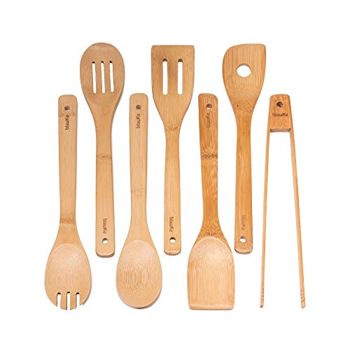 Bamboe Keukengerei Set 7-Stuks – Houten Spatel, Kooklepel Vork Draaier Keukentang – Houten Kookgerei Set voor Anti-aanbak Kookgerei – Bamboe Keukenaccessoires Set – Keukenhulpjes Kookgereiset van Hout