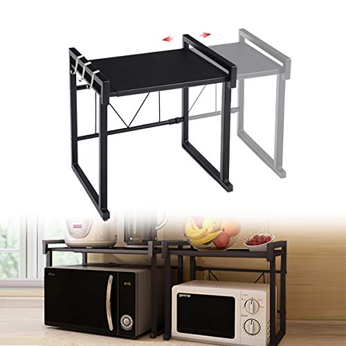 GEMITTO Uitschuifbare Magnetron Oven Rack 2-Tier Heavy Load Magnetron Plank Stand Verstelbaar Baker's Rack 3 Haken Keuken Teller Opslag Organizer Printer Plank Faxrek Zwart 40-60cmx36cmx42cm