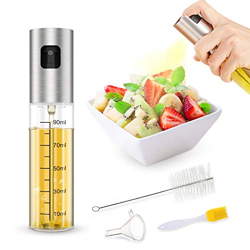 Maxcio olie spuit, glazen olie spuit, roestvrij staal vaporisator mondstuk, draagbare olie spuitbus voor Pasta, Barbecue, koken, geef weg schoongemaakt borstel en trechter