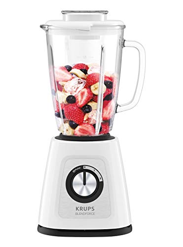 Krups KB4351 Blendforce+ blender; 800 W; 1,75 L hittebestendig glazen reservoir; 6 messen met Powelix-technologie; 2 snelheden + puls; Ice Crush-functie; "Smart Lock"-technologie; wit