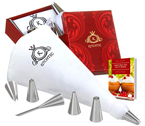Kitchtic Spuitzakset - Grote Herbruikbare Katoenen Spuitzak Vaatwasmachinebestendig met Geschenkdoos, 6 Roestvrijstalen Spuitmondjes, Adapter, Reinigingsborstel, E-Book met Tips voor Taartdecoratie