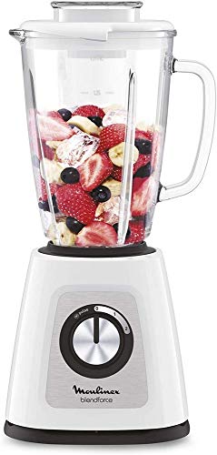 Moulinex Blendforce Cristal LM430110 Blender met glazen opzetstuk, 800 W, 4 messen met ijsversnipperfunctie, 3 snelheden, eenvoudige reiniging en thermoresbestendige glazen pot van 1,75 liter