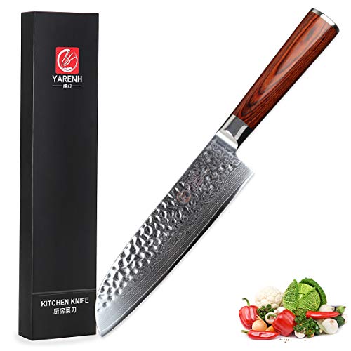 YARENH Damastmes Santoku mes 17 cm, koksmes professioneel van Japans damaststaal, scherp damastmes met Pakka houten handvat, professioneel damastmes keukenmes scherp professioneel mes HYZ-serie