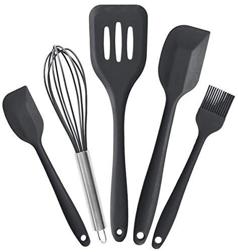 AVANA Siliconen keukenhulpset, 5 stuks keukengerei hittebestendig koken anti-aanbaklaag kookgerei garde, spatel, bakborstel, spatel (zwart)