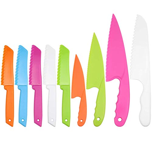 SelfTek 9 stuks plastic keukenmes Kid Chef veilig nylon mes Corlorful kinderen koken messen voor bakken, fruit, brood, taart, sla, salade
