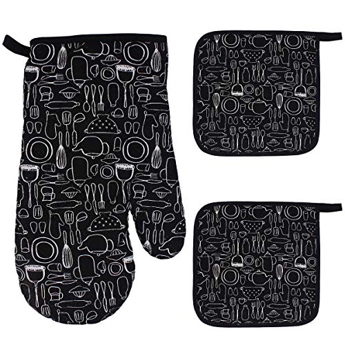 Dokpav 1 ovenhandschoenen + 2 pannenlappen, ovenhandschoenen, hittebestendig katoen, ovenhandschoenen, grillhandschoenen, geschikt voor koken, bakken, grillen, barbecue (zwart)