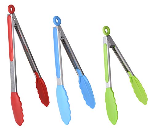 Food Tongs Anti-slip Smart Locking Hittebestendige RVS Kooktangen met Siliconen Tips voor Grillen, BBQ, Serveren, Salade, Ijs 3 Pcs
