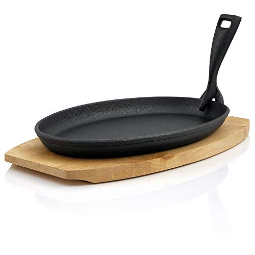 BBQ-Toro Serveerpannetjes set met houten onderlegger, 27 x 18 x 3 cm, ovaal design, blank, gietijzeren grillpannetjes (1)