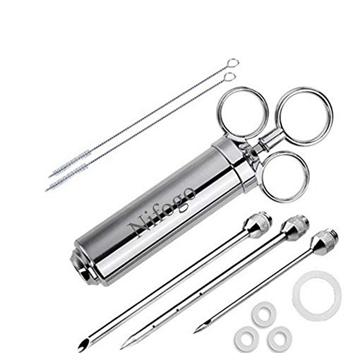 BBQ braadspuit met 3 naalden 60 ml, kruidenspuit, marinadespuit om te grillen voor rundvlees, kip, gebak met jam te vullen, 304 roestvrij stalen uitvoering, FDA-certificering (zilver)