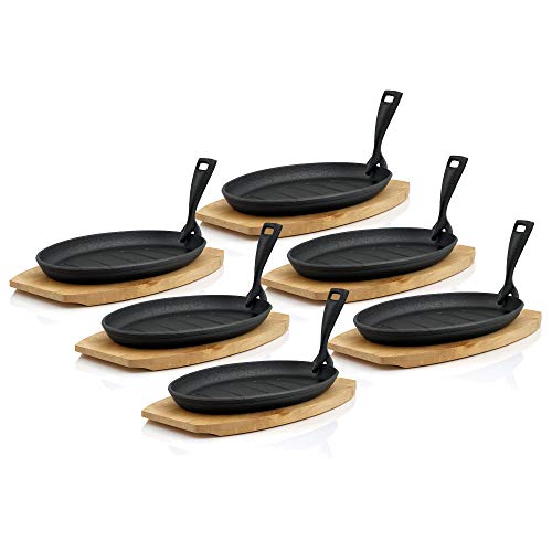 BBQ-Toro Serveerpannetjes set met houten onderlegger | 27 x 18 x 3 cm - ovaal - design blank | gietijzeren grillpannen pannen (6)