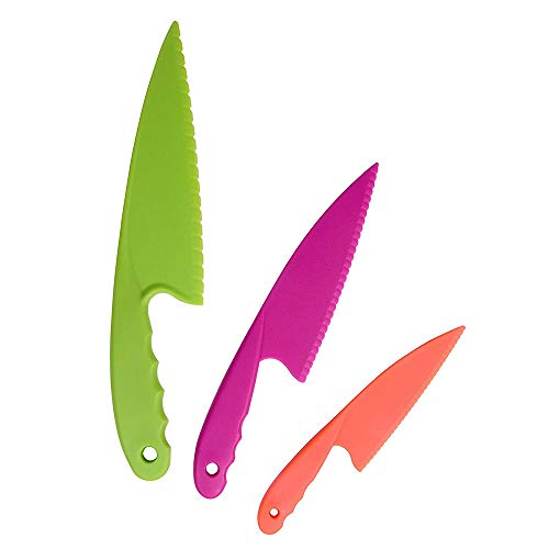YuamMei Set van 3 kunststof keukenmessen voor kinderen, veilig nylon koksmes voor het snijden van brood, salades (willekeurige kleur)
