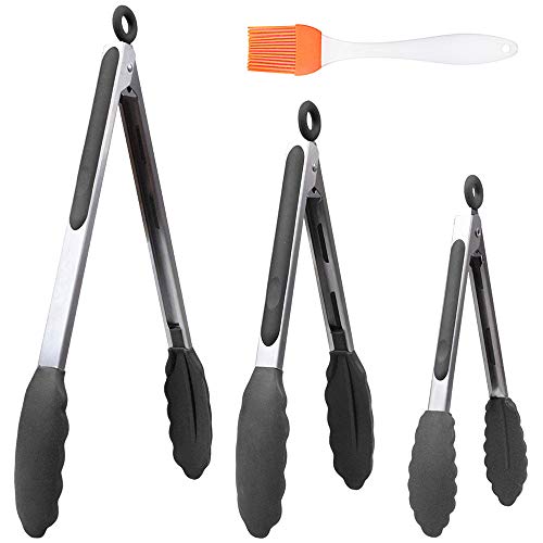 HENSHOW Keukentang Set Van 3, 7", 9" En 12"Premium Roestvrijstalen Kooktangen, Antiaanbaklaag En Hittebestendig Handvat, Siliconen Tang Voor Koken, Serveren, Barbecue, Buffet, Salade, Ijs, Oven