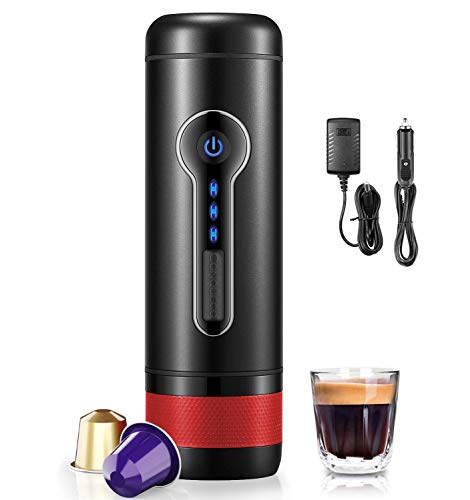 CONQUECO Draagbare Koffiezetapparaat, Elektrische 12V espressomachine voor in de auto outdoor, 15 Bar druk, Compatibel met Nespresso Original capsule & L'OR (Zwart)