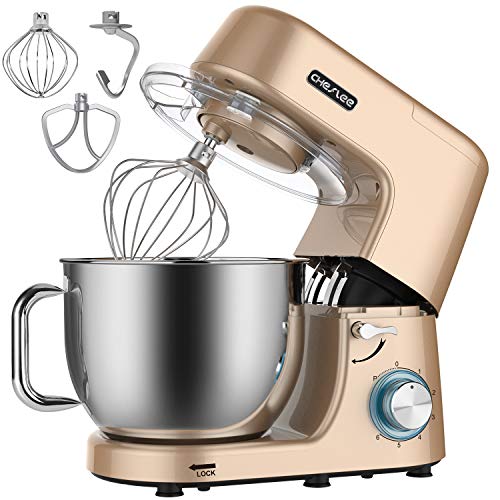 Staande Mixers, CHeflee 1800W Elektrische Keukenmachine-Mixer Keukenrobot voor Bakken, met 7,2L Roestvrijstalen Mengkom, Deeghaak, Klopper, Garde(Gouden)