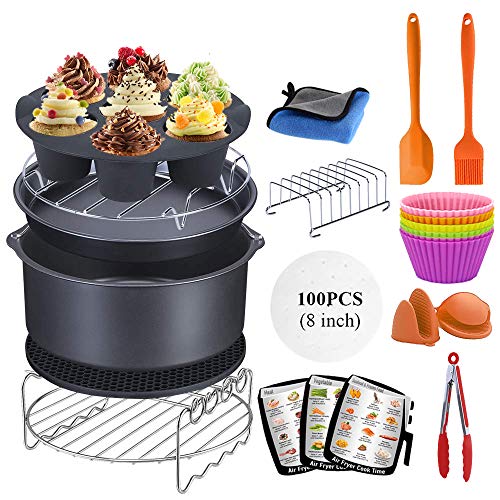 Heteluchtfriteuse accessoires, zesdelige universele airfryer friteuse accessoireset bevat taartvat/pizzaplaat/metalen frame/grill/broodframe/siliconenmat voor friteusen van alle merken (8 inch)