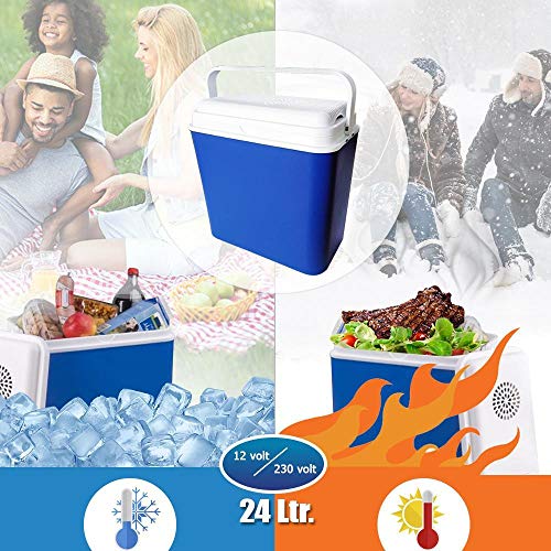 Koelbox, 24 liter, thermo-elektrische koelbox, 12 volt, mini-koelkast voor auto en vrachtwagen, camping, energieklasse A++, blauw/wit, warmhoudbox, koeltas, vrieszak