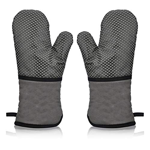 Oven Handschoenen Hittebestendige Siliconen Katoen Gewatteerde Lange Grote Dikke Zachte Heatproof Niet Slip Keuken Oven Mitts voor Chef Bakkers BBQ Koken Grillen Bakken Pizza Barbecue Magnetron (Grijs, ,1 Paar)