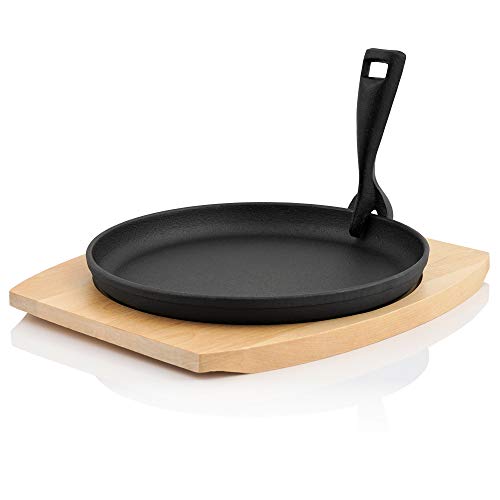 BBQ-Toro Serveerpannetje met houten onderlegger, diameter 22 cm, rond, gietijzeren grillpannetje (1)