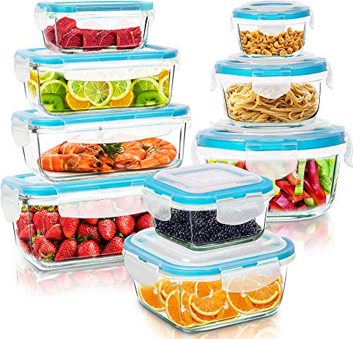 KICHLY - Glazen voedselopslagcontainer - 18 Stuks (9 Containers en 9 Transparante Deksels) - Vaatwasmachinebestendig - Magnetron- en vriesvriendelijk - Lekvrij - BPA-vrij, FDA & FSC-goedgekeurd