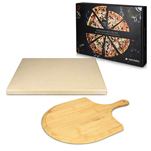 Navaris pizzasteen XL voor oven en barbecue - Rechthoekige pizzaplaat 38 x 30 cm - Inclusief pizzaschep van bamboe - Keramisch geglazuurd