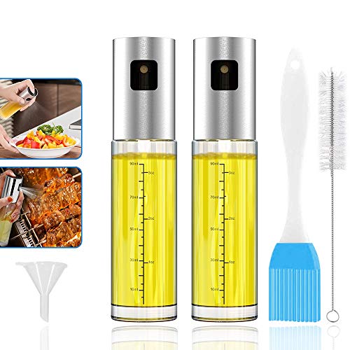 GeeRic Oliespuit voor het koken 3.4 Ounce-capaciteit Glazen fles van voedingskwaliteit 2 stuks Azijn Mistspraydispenser voor het koken BBQ-salade met olietrechter Rijgborstel en reinigingsborstel