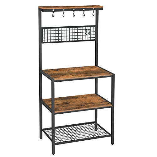 VASAGLE keukenplank, staande plank voor de keuken, plankniveaus in houtlook, 10 haken, metalen roosterplank, voor magnetron, serviesgoed, 84 x 40 x 170 cm, industrieel ontwerp, vintage bruin-zwart KKS17BX
