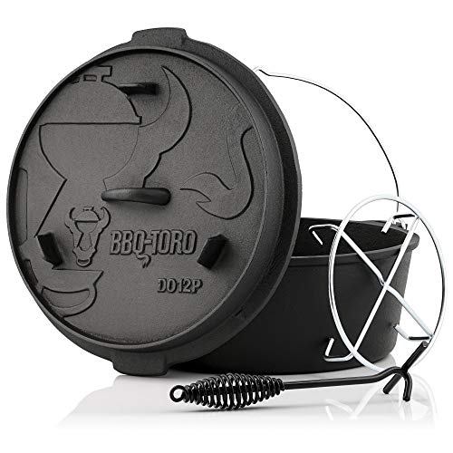BBQ-Toro Dutch Oven Premium Serie I al ingebrand - preseasoned I verschillende maten I gietijzeren kookpan I braadpan met deksellifter (D) - DO12P - 13,6 liter, pan zonder voeten)